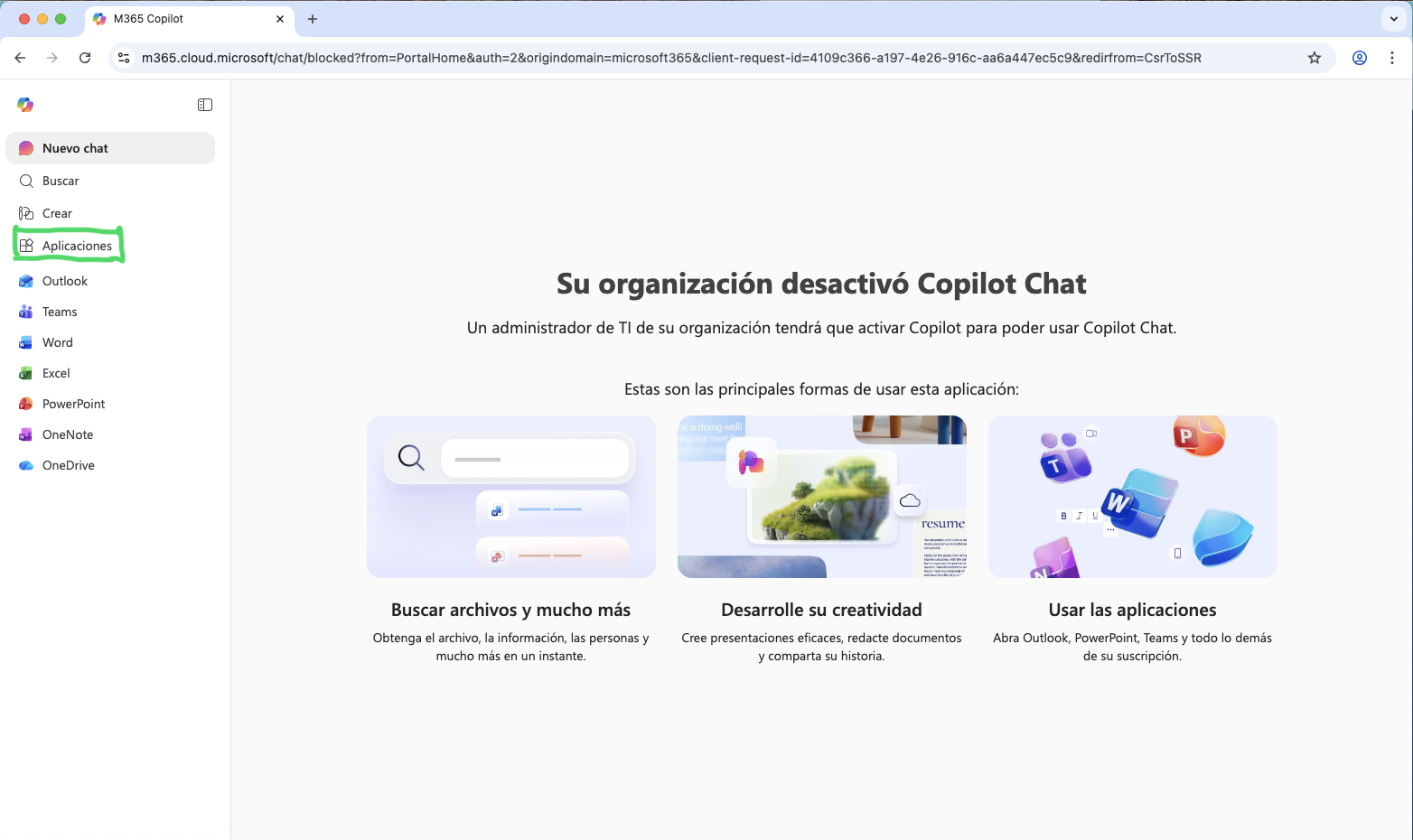 Botón Aplicaciones dentro del portal de Microsoft 365