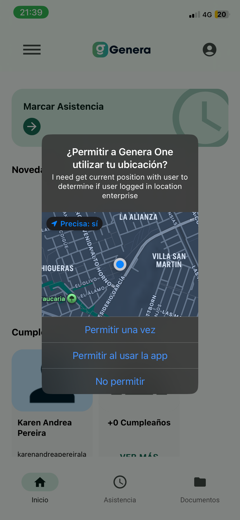 Solicitud de permiso de ubicación en Genera One