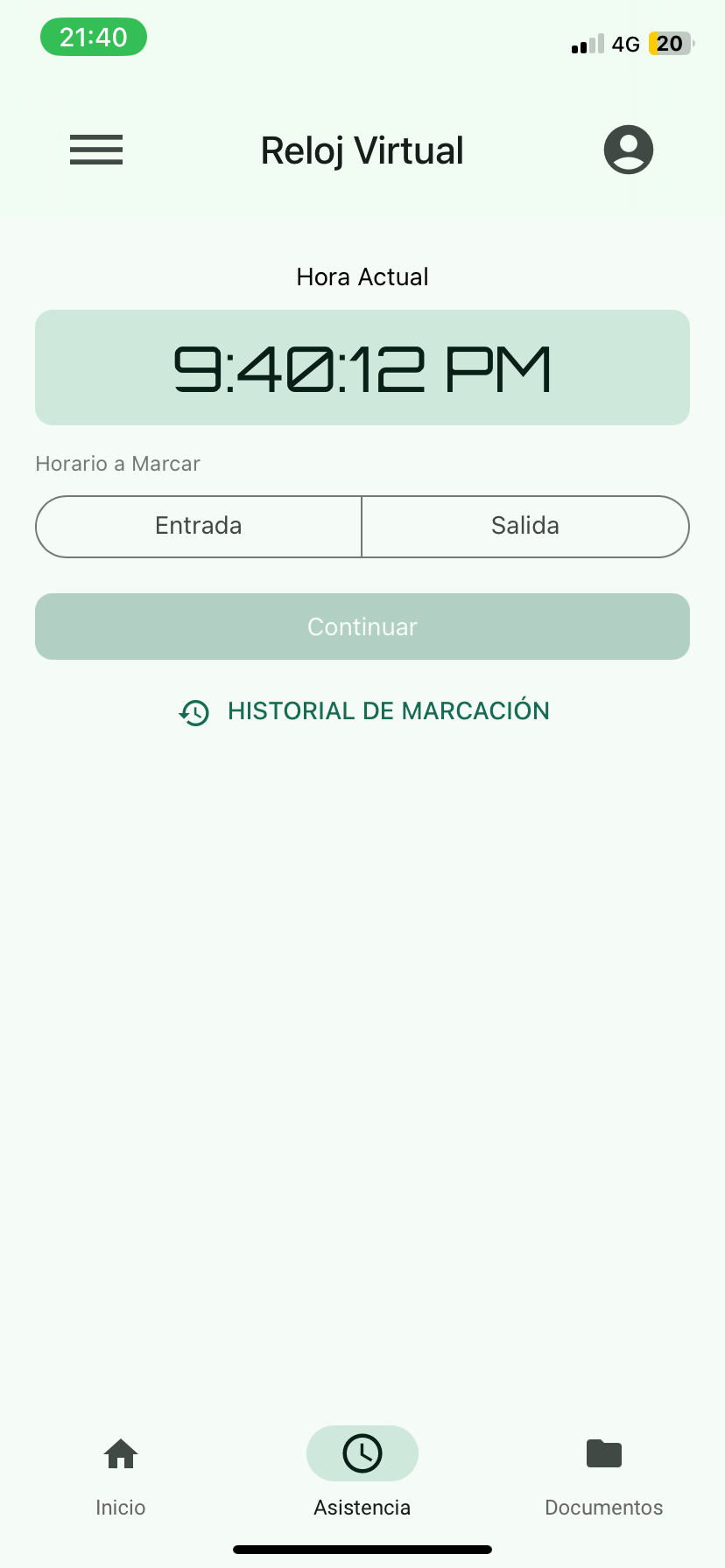 Reloj Virtual de Genera con las opciones Entrada y Salida