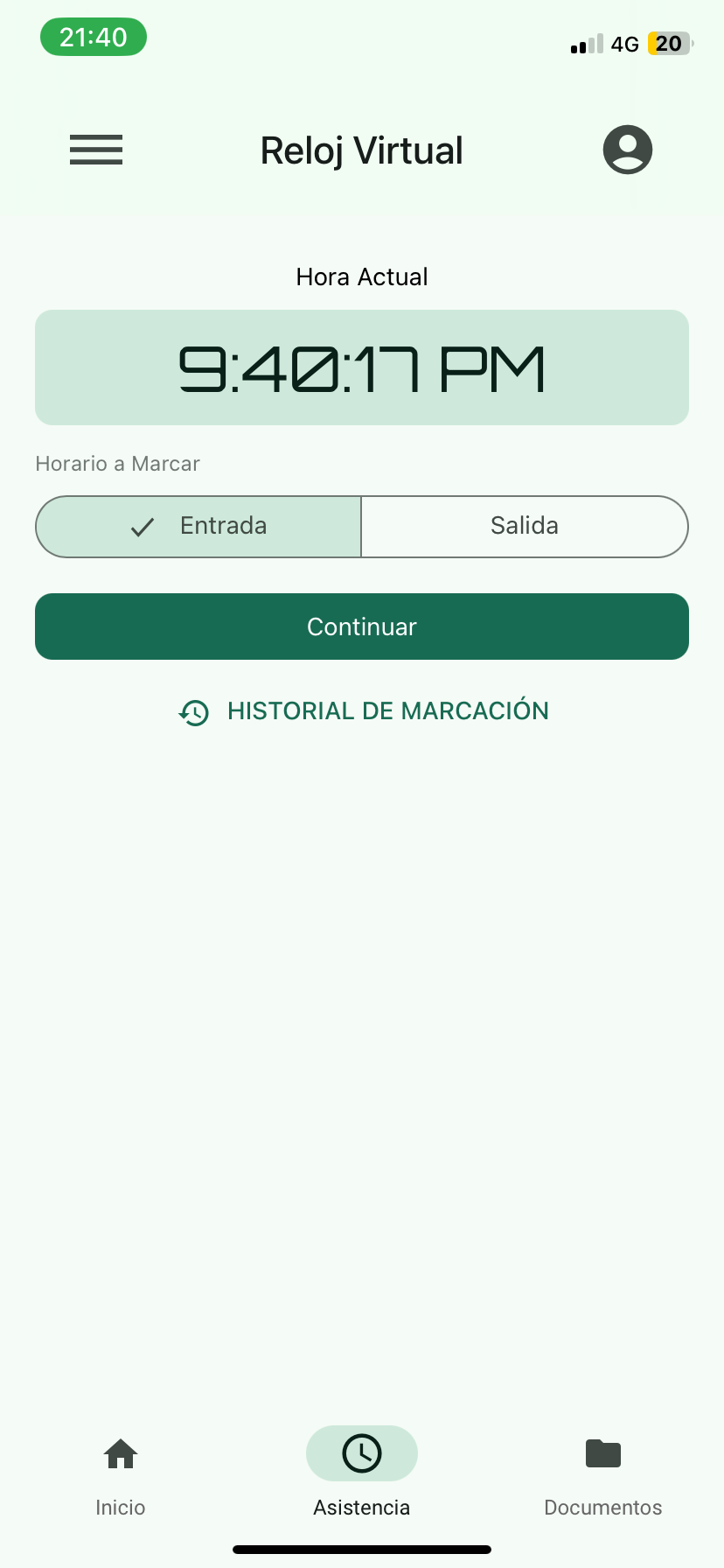 Entrada seleccionada en el Reloj Virtual de Genera