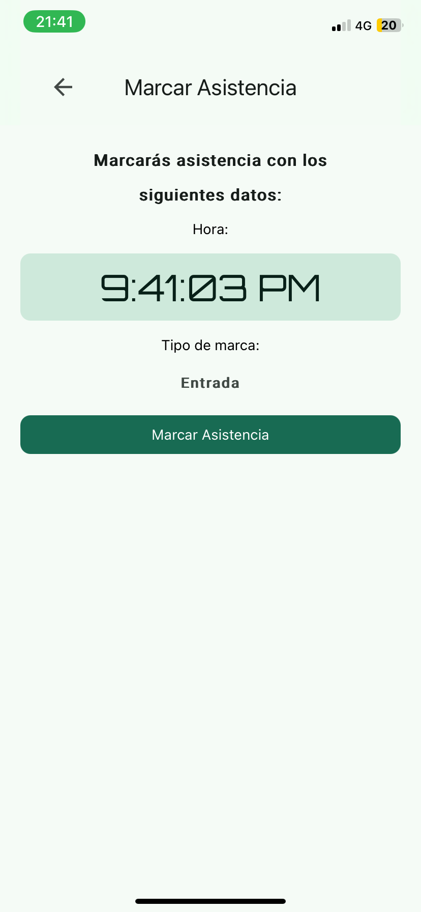 Confirmación de hora y tipo de marca antes de marcar asistencia