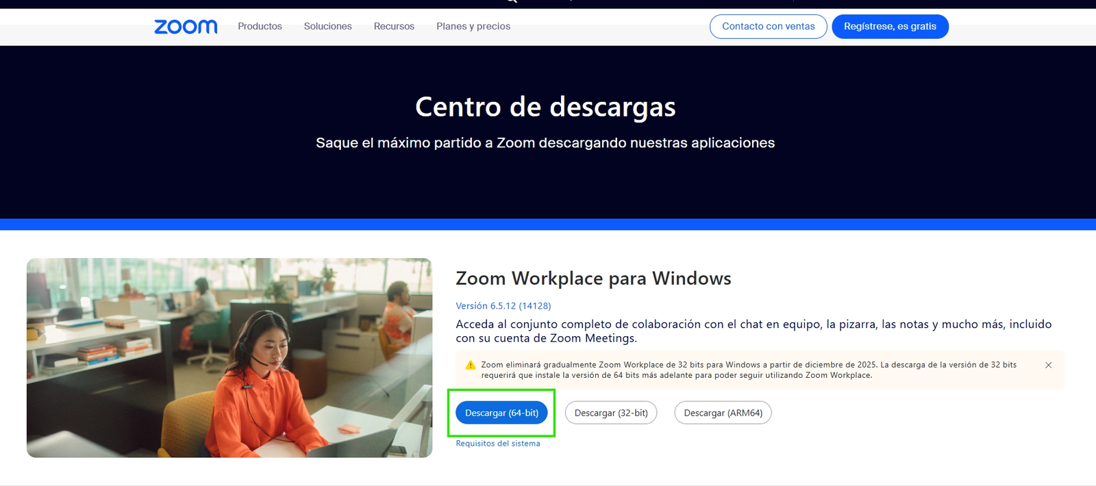 Página oficial de descarga de Zoom